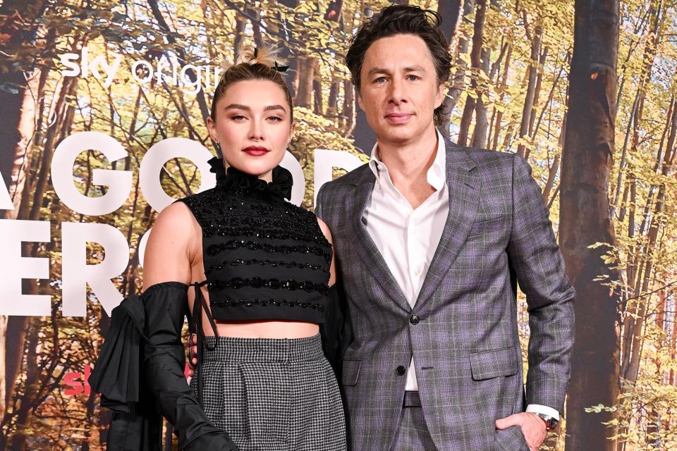 Florence Pugh and Zach Braff arrive at the "A Good Person" UK Premiere at The Ham Yard Hotel on March 08, 2023 in London, England.