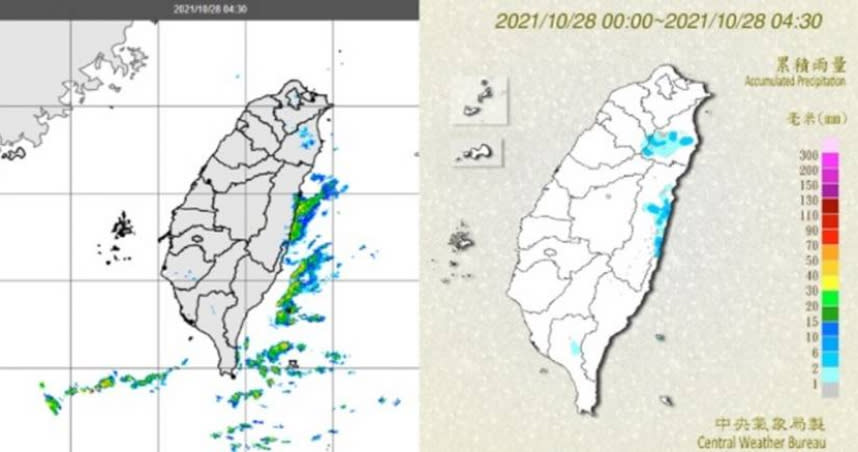 今(28日)晨4：30雷達回波合成圖(左圖)顯示，台灣東側近海有降水回波消長，部分觸及陸地。截至4：30的降雨，主要在宜蘭及花蓮，台東亦有零星少量降雨(右圖)。 （圖／「三立準氣象‧老大洩天機」專欄）