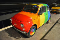 <p>The stickers on this Fiat 500 indicate it spent the bulk of its life in Treviso, an Italian town located a stone’s throw from Venice. Peeking inside the car reveals it was originally painted in an uncommon shade of orange. We don’t know when it joined the Sheikh’s collection but it likely <strong>received the rainbow treatment</strong> after disembarking in the United Arab Emirates.</p>