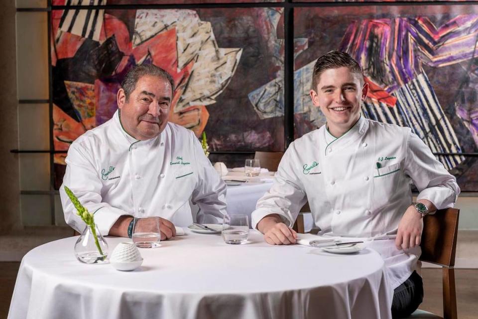 Emeril Lagasse, left, and his son E.J. Lagasse work together with the celebrity chef’s culinary team on the new direction for his flagship restaurant Emeril’s in New Orleans. Contributed