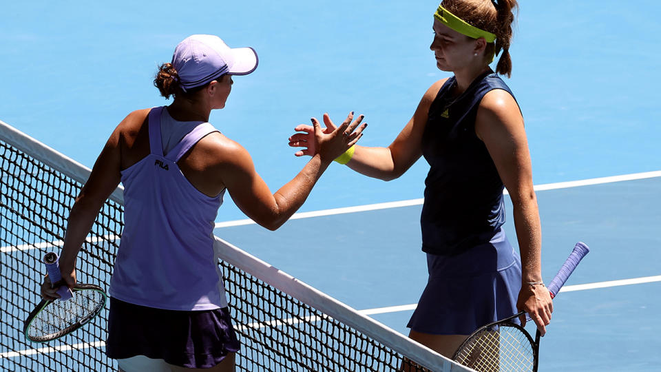 Ash Barty and Karolina Muchova, pictured here after their Australian Open quarter-final.