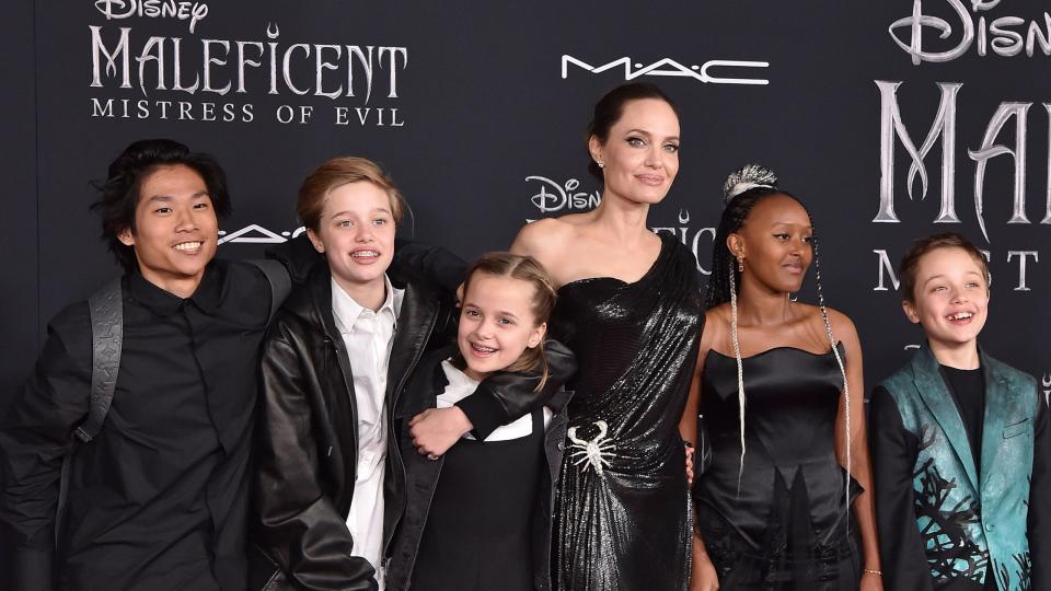 pax thien jolie pitt, shiloh nouvel jolie pitt, vivienne marcheline jolie pitt, angelina jolie, zahara marley jolie pitt, and knox leon jolie pitt attend the world premiere of disneys maleficent mistress of evil at el capitan theatre