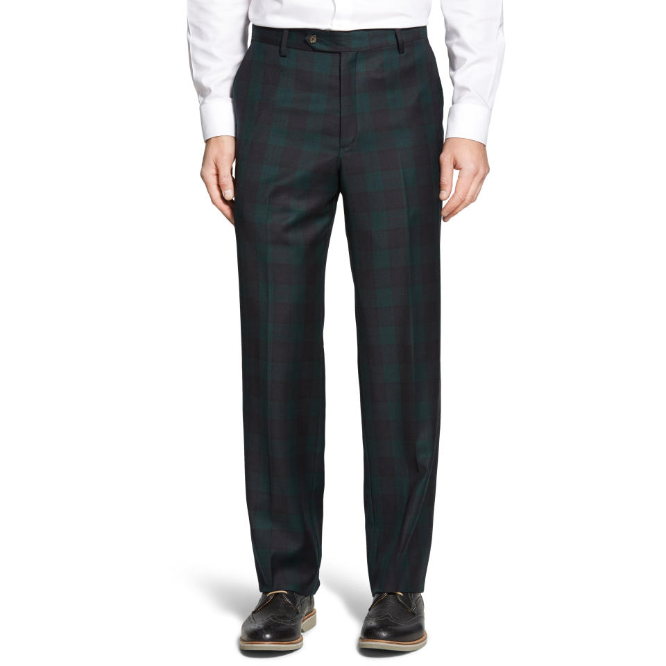 Berle Flat Front Classic Fit Plaid Wool Trousers