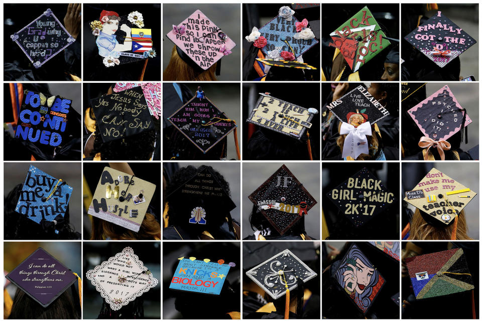 Combination photo shows graduates’ mortar board hats