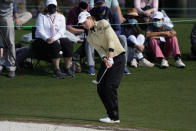 Emilia Migliaccio hits a chip shot on the 18th hole during a sudden-death playoff during the final round of the Augusta National Women's Amateur golf tournament at Augusta National Golf Club, Saturday, April 3, 2021, in Augusta, Ga. (AP Photo/David J. Phillip)