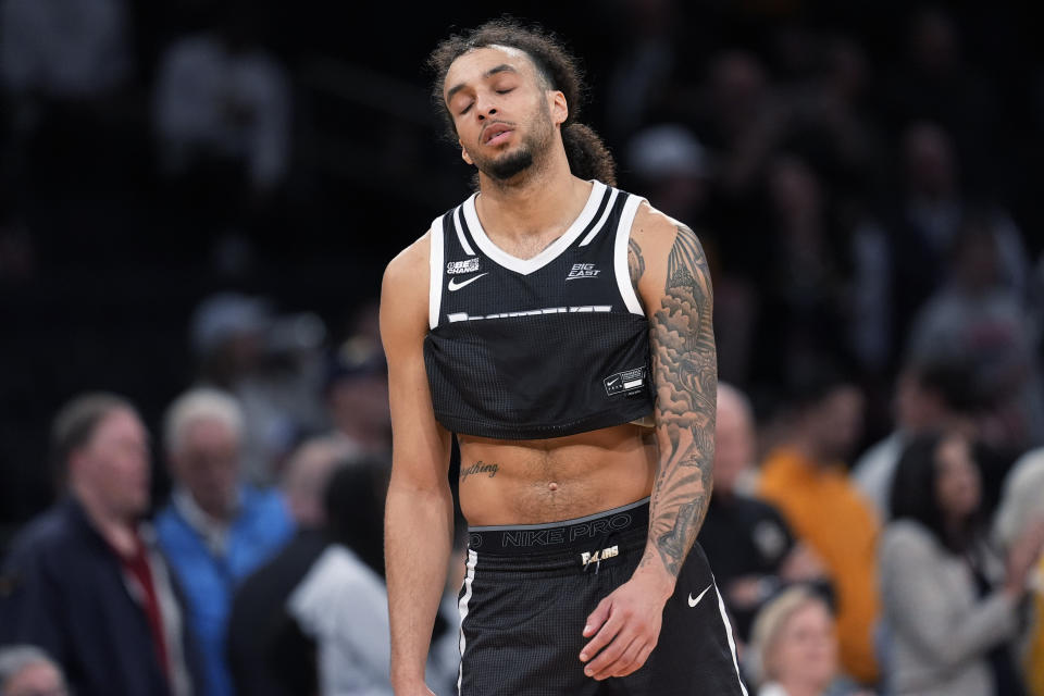 Marquette guard Sean Jones reacts during the final minutes of the team's NCAA college basketball game against Marquette in the semifinals of the Big East men's tournament Friday, March 15, 2024, in New York. Marquette won 79-68. (AP Photo/Mary Altaffer)