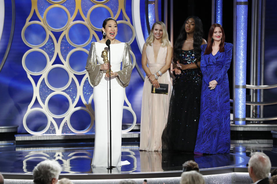 Sandra Oh from “Killing Eve” accept the Best Performance by an Actress in a Television Series – Drama award onstage during the 76th Annual Golden Globe Awards.