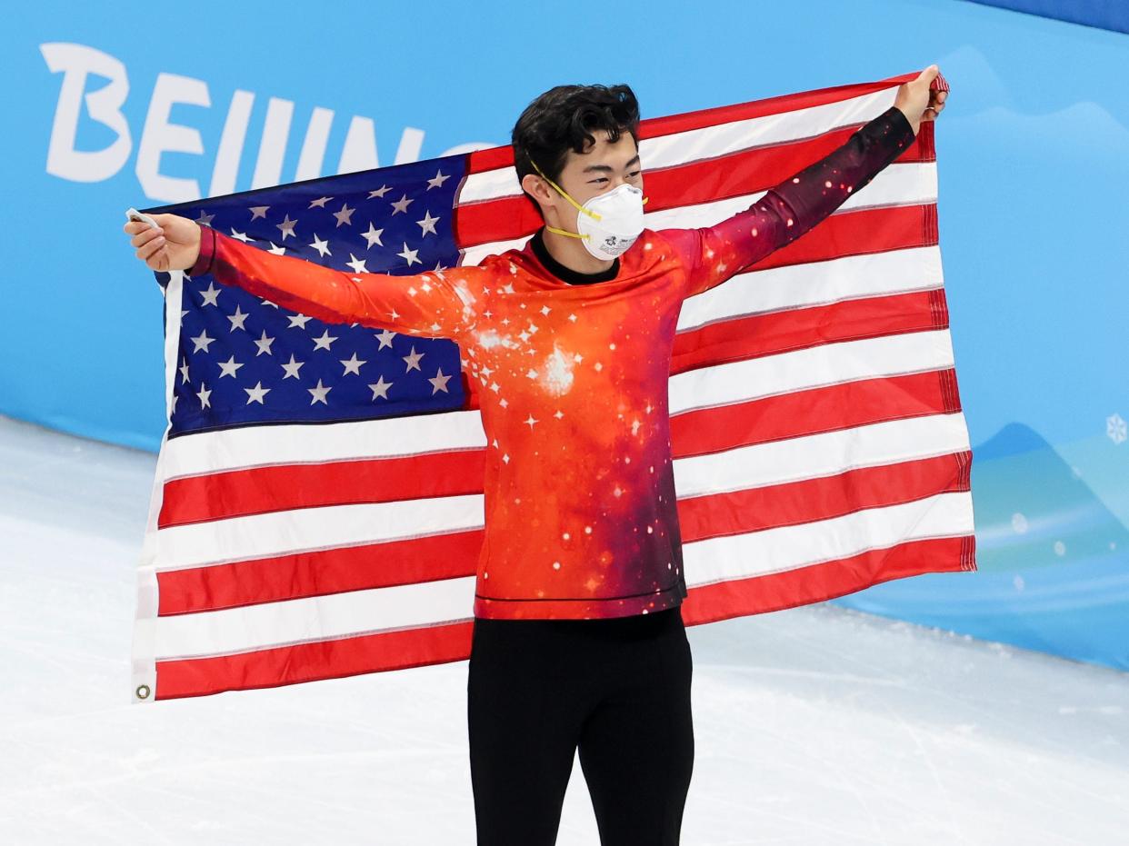 Gold medalist Nathan Chen of USA during the 'venue ceremony' following the Men Single Skating Free Skating on day six of the Beijing 2022 Winter Olympic Games at Capital Indoor Stadium on February 10, 2022 in Beijing, China.