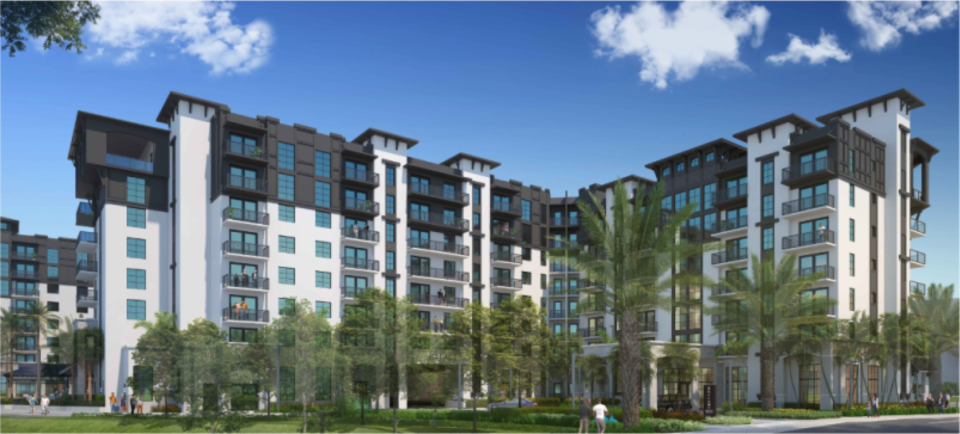 Rendering of an eight-story apartment building called Bellamy that could rise at Mira Flores on Gardens Parkway and Valencia Gardens Avenue in Palm Beach Gardens, Fla.