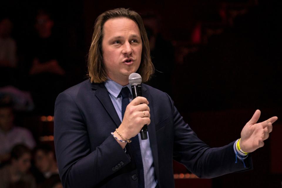 "Valeurs Actuelles" managing editor Geoffroy Lejeune takes part in a debate "Dialogue in Europe" on April 25, 2019 in Paris. (Photo by Lionel BONAVENTURE / AFP)        (Photo credit should read LIONEL BONAVENTURE/AFP via Getty Images)