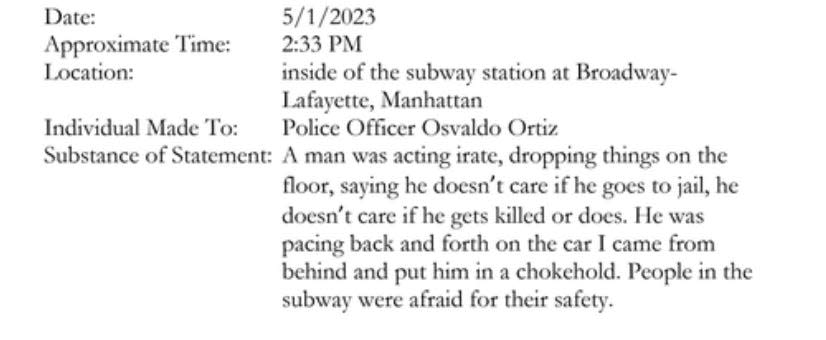 Daniel Penny's fifth statement to NYPD, made moments after the fatal subway chokehold of Jordan Neely.