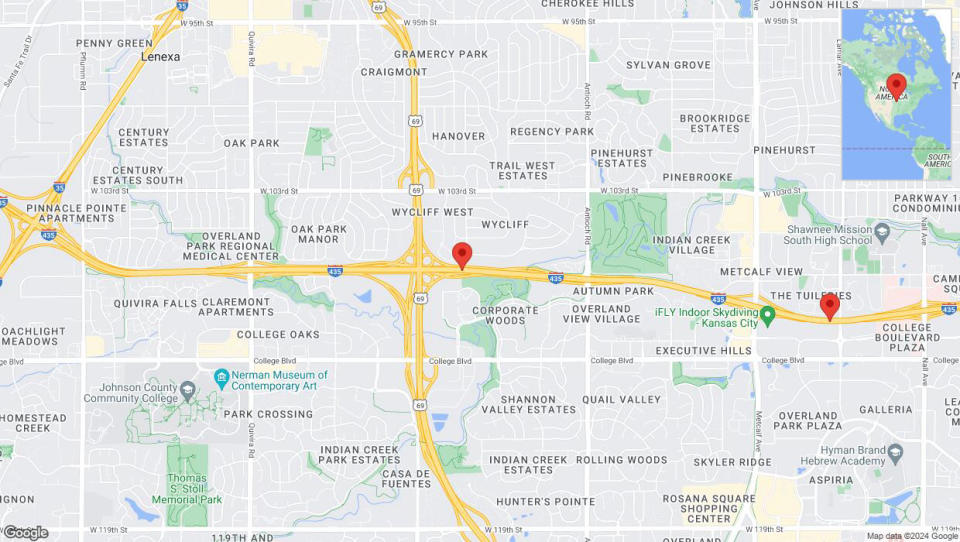 A detailed map that shows the affected road due to 'Heavy rain prompts traffic warning on eastbound I-435 in Overland Park' on May 2nd at 3:56 p.m.