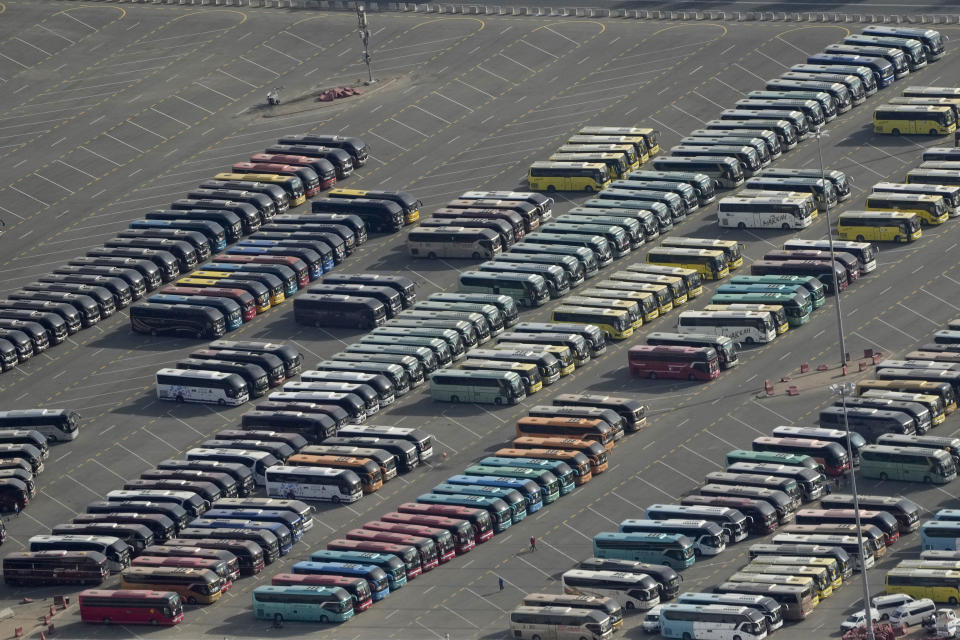 Pilgrim buses line up during the annual hajj pilgrimage in Mina, near the holly city of Mecca, Saudi Arabia, Friday, June 30, 2023. (AP Photo/Amr Nabil)