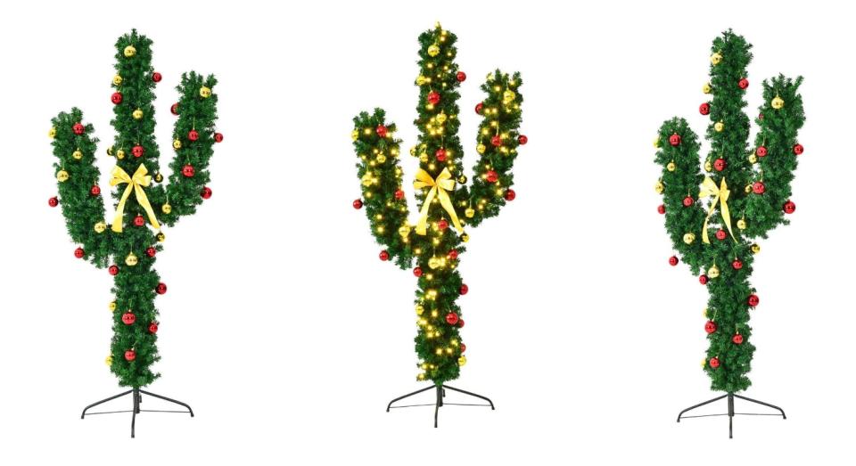 The cactus Christmas tree comes with red and gold baubles (Amazon)