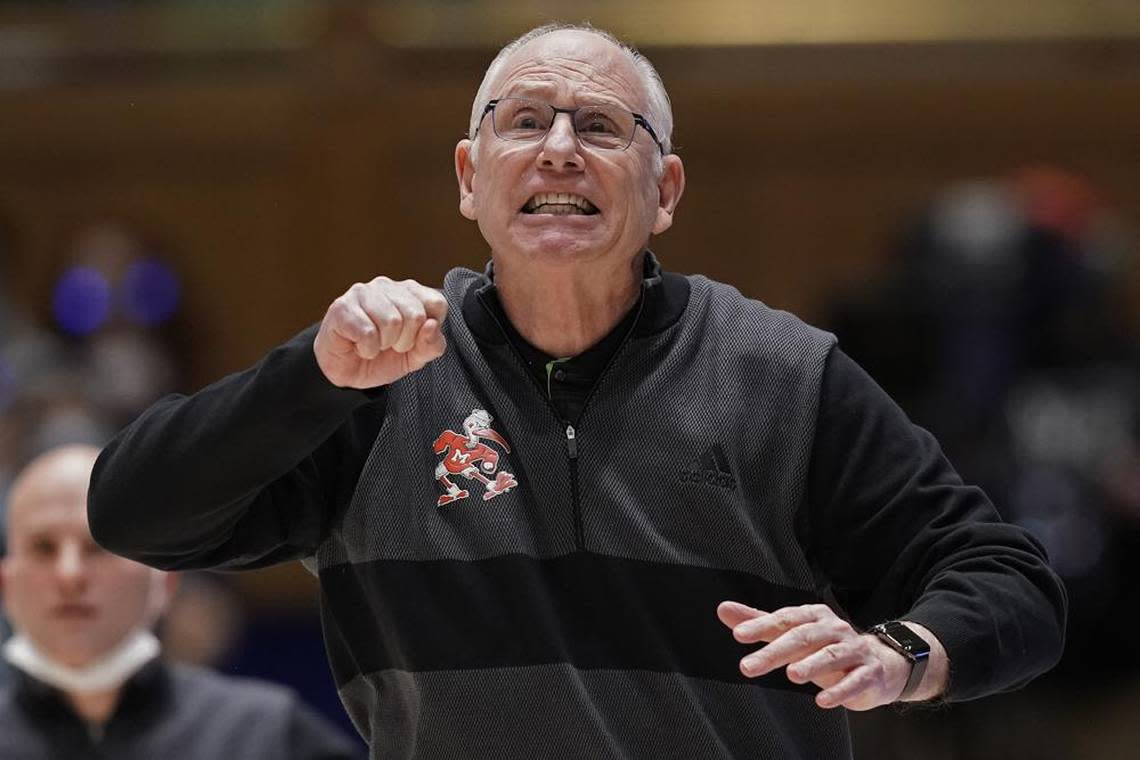 University of Miami basketball coach Jim Larranaga calling a play out to his team during the Hurricanes’ 76-74 road win against No. 2 Duke on Jan. 8, 2022.