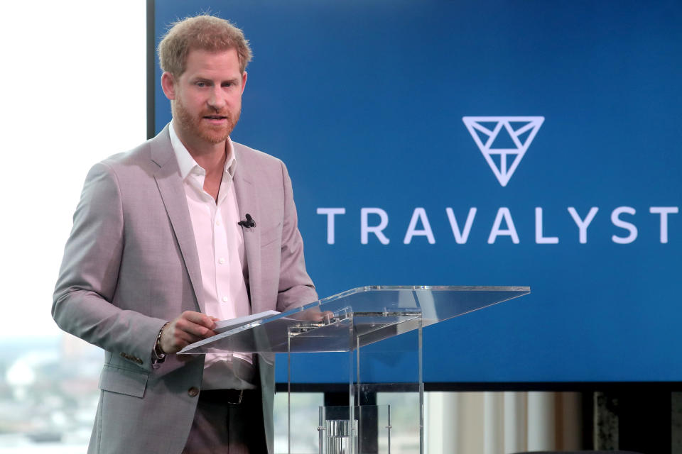 AMSTERDAM, NETHERLANDS - SEPTEMBER 03: Prince Harry, Duke of Sussex announces a partnership between Booking.com, SkyScanner, CTrip, TripAdvisor and Visa called 'Travalyst' at A'dam Tower on September 03, 2019 in Amsterdam, Netherlands. The initiative is to help transform the travel industry to better protect tourist destinations. (Photo by Chris Jackson/Getty Images)