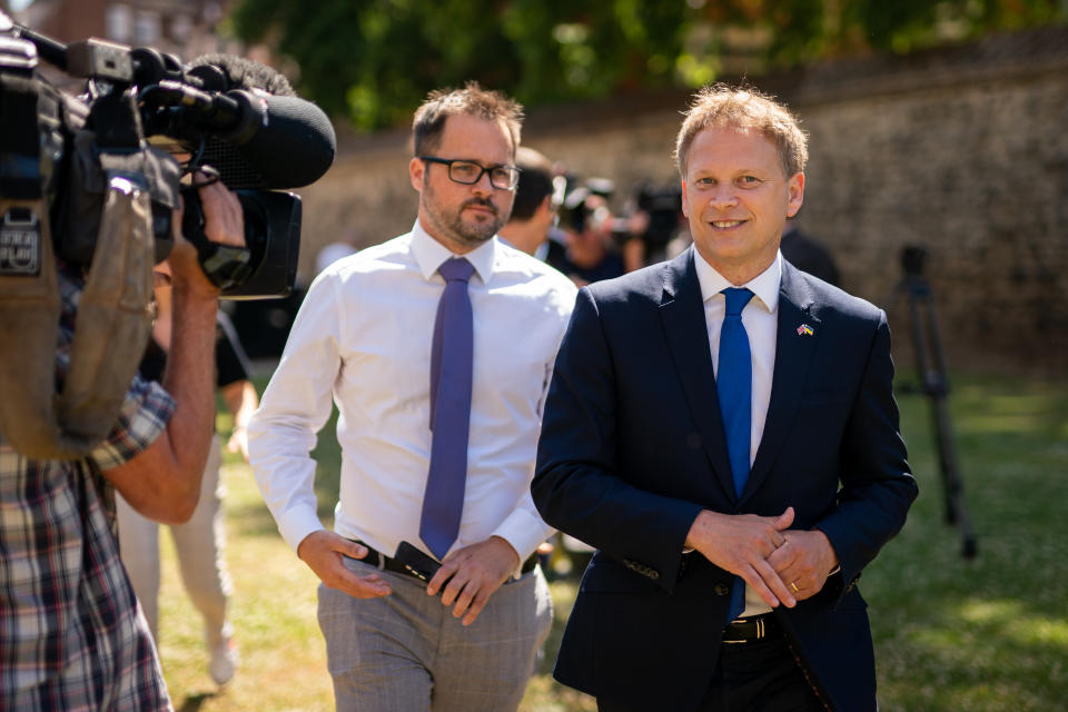 Transport Secretary Grant Shapps after speaking to the media on College Green, central London. Trains will be disrupted due to industrial action as the RMT has announced industrial action on June 21, 23, and 25. Picture date: Monday June 20, 2022. (Photo by Aaron Chown/PA Images via Getty Images)