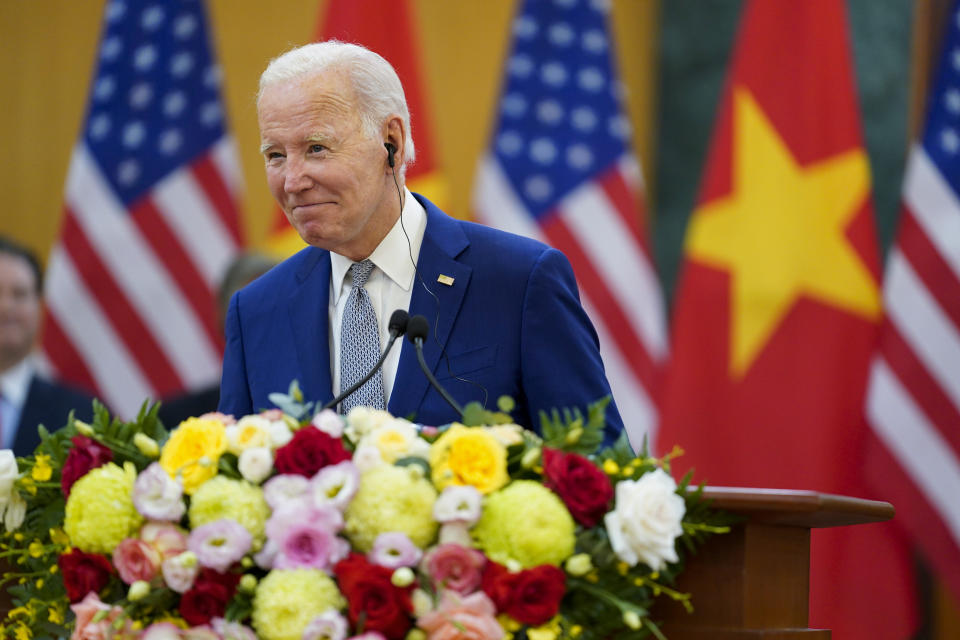 U.S. President Joe Biden and Vietnam's General Secretary Nguyen Phu Trong, unseen, deliver remarks after their meeting at the Communist Party of Vietnam Headquarters, in Hanoi, Vietnam, Sunday, Sept. 10, 2023. (AP Photo/Evan Vucci)