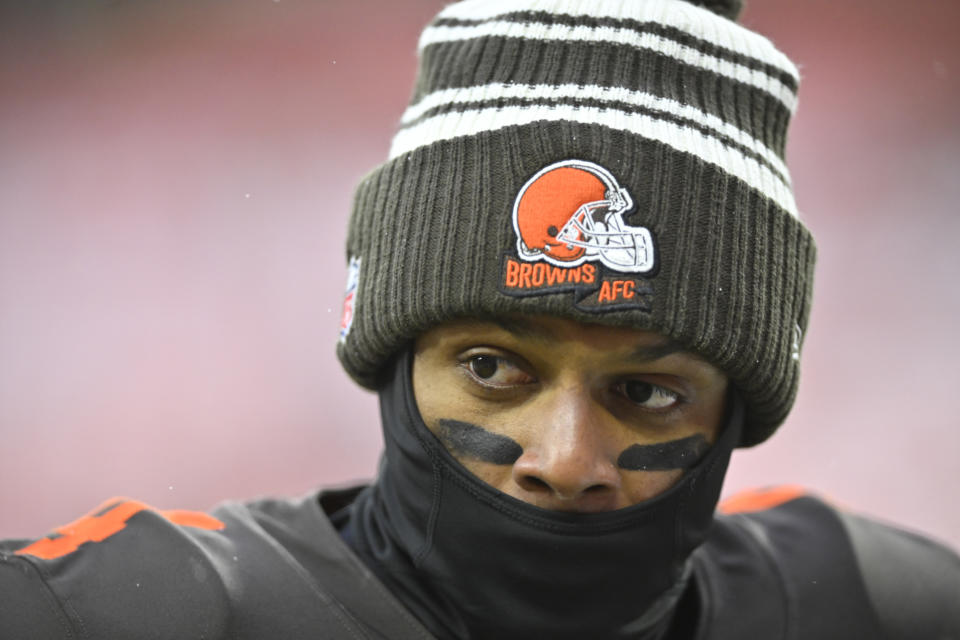 Cleveland Browns quarterback Deshaun Watson walks off the field after the second half of an NFL football game against the New Orleans Saints, Saturday, Dec. 24, 2022, in Cleveland. The Saints won 17-10. (AP Photo/David Richard)