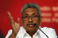 Sri Lankan presidential candidate and former defense chief Gotabaya Rajapaksa speaks during a news conference in Colombo, Sri Lanka, Tuesday, Oct. 15, 2019. Rajapaksa, who's a front-runner in next month's presidential election says if he wins he won't recognize an agreement the government made with the U.N. human rights council to investigate alleged war crimes during the nation's civil war. (AP Photo/Eranga Jayawardena)