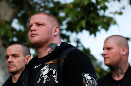 Members of far-right, nationalist groups attend a protest against criminal attacks caused by youth, in Torokszentmiklos, Hungary, May 21, 2019. REUTERS/Bernadett Szabo