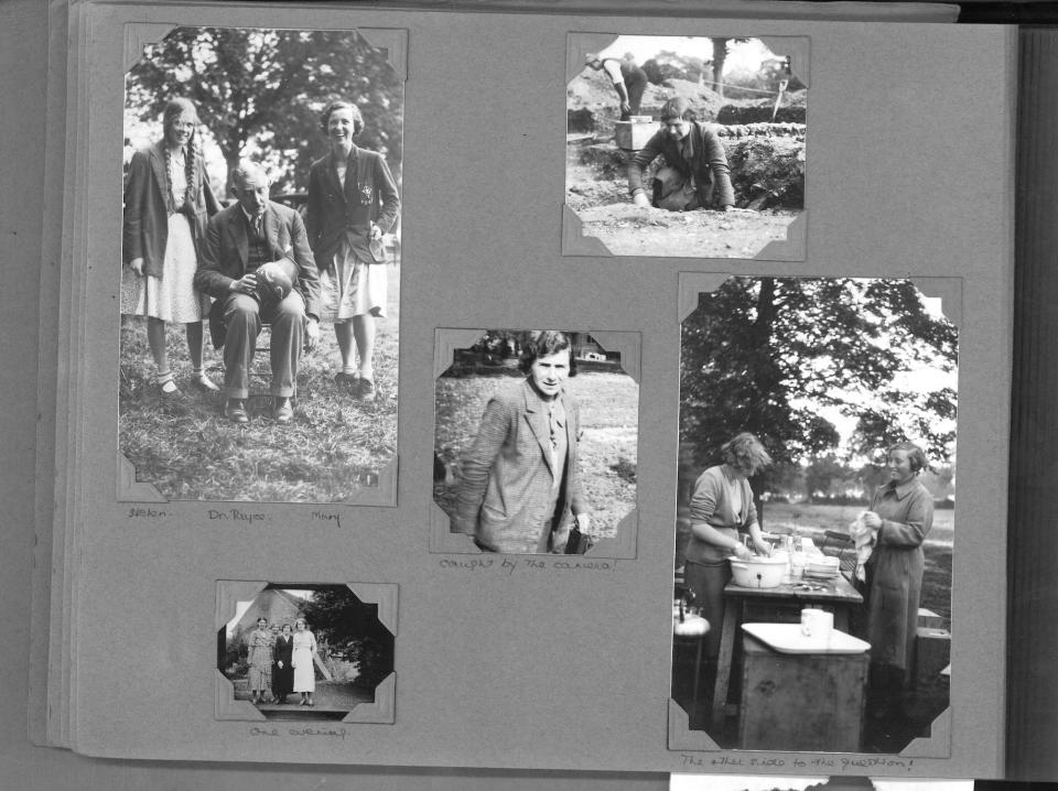 A photo album page with five black-and-white photos from the Verulamium excavation in Britain in the 1930s