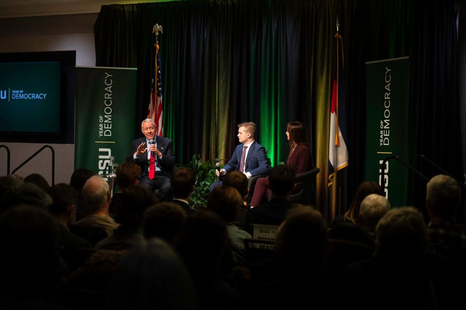 Retiring Colorado Congressman Ken Buck speaks at a public forum about the state of democracy in Colorado and the country as part of CSU's Thematic Year of Democracy at Colorado State University in Fort Collins on Friday.