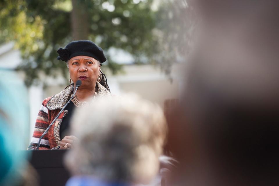 Savannah District 1 Alderwoman Bernetta Lanier speaks to the crowd at the renaming ceremony for Yamacraw Square. Formerly Yamacraw Art Park, the space is now Savannah's 23rd square.