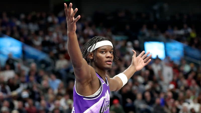 Utah Jazz forward Taylor Hendricks (0) looks at the referee during game against the Dallas Mavericks at the Delta Center in Salt Lake City on Monday, March 25, 2024. The Jazz rookie has become more vocal — in a good way — with teammates and officials.