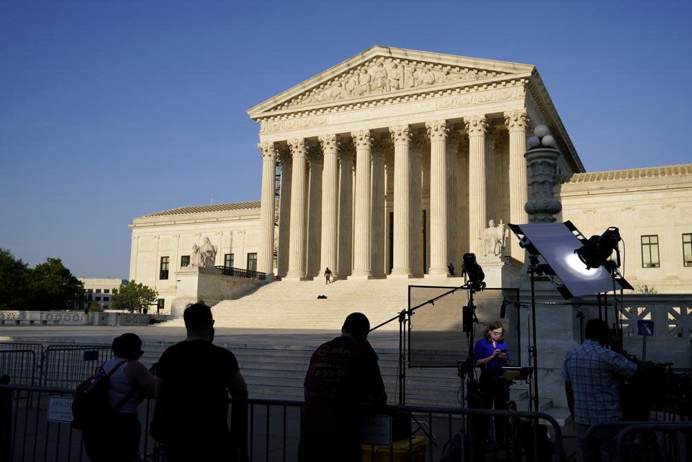The Supreme Court is seen on Friday, April 21, 2023, in Washington after the court decided to preserve women’s access to a drug used in the most common method of abortion, rejecting lower-court restrictions while a lawsuit continues. (AP Photo/Alex Brandon)