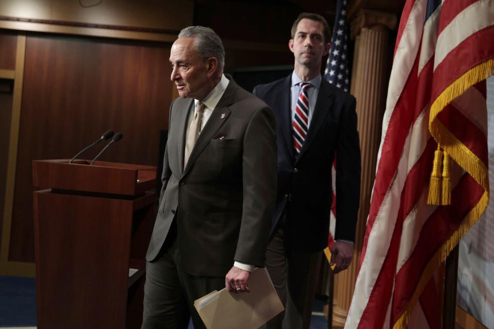 From left, Senate Democratic leader Chuck Schumer of New York and Sen. Tom Cotton, R-Ark.