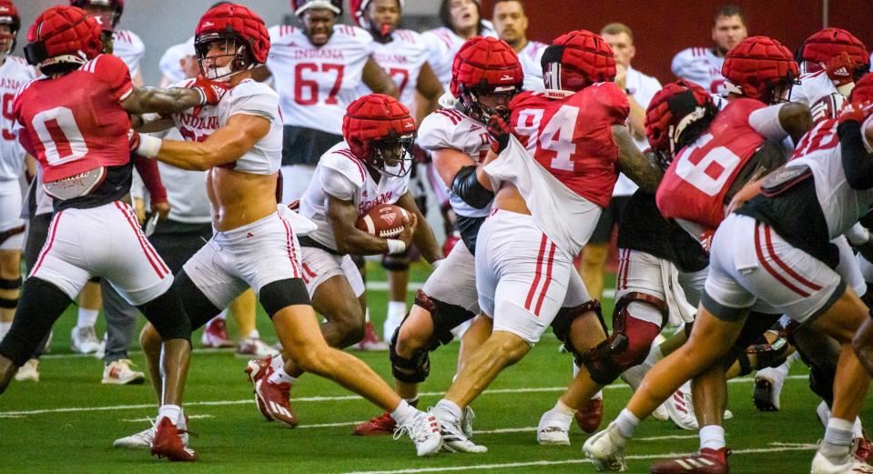 Indiana's Shaun Shivers (2) runs during practice at Indiana University on Thursday, Aug. 4, 2022.