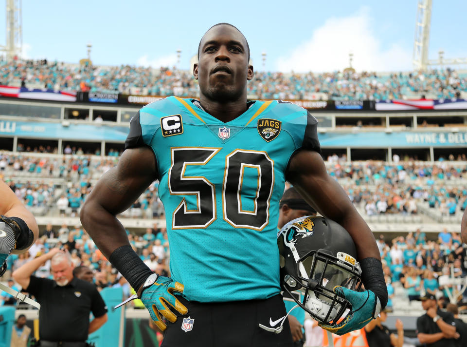 JACKSONVILLE, FL - NOVEMBER 05:  Telvin Smith #50 of ther Jacksonville Jaguars waits in the bench area prior to the start of their game against the Cincinnati Bengals at EverBank Field on November 5, 2017 in Jacksonville, Florida.  (Photo by Logan Bowles/Getty Images)