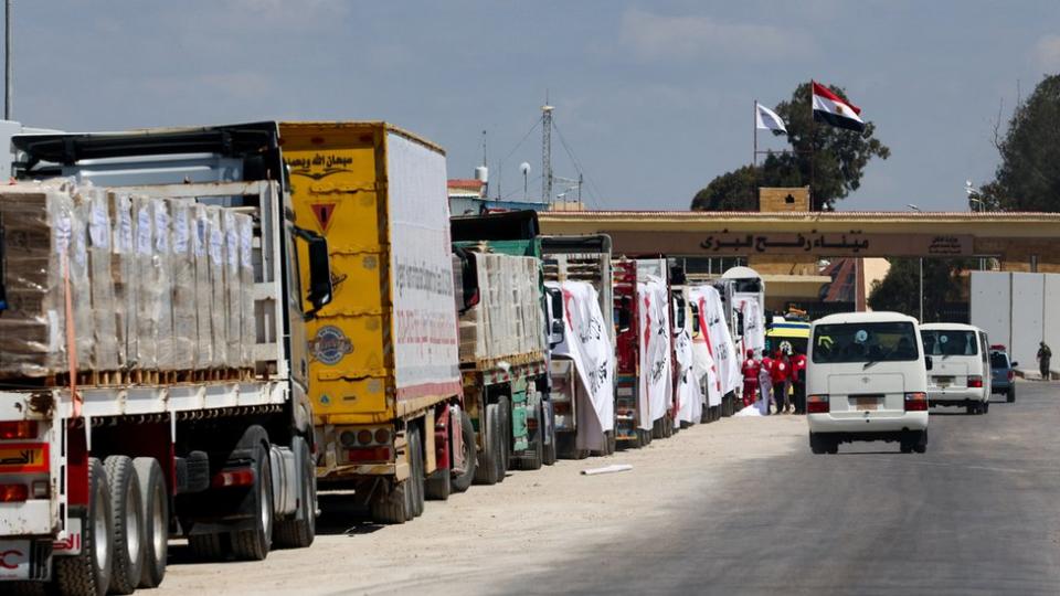 Picture shows the vehicle line up near the Rafah border crossing between Egypt and the Gaza Strip