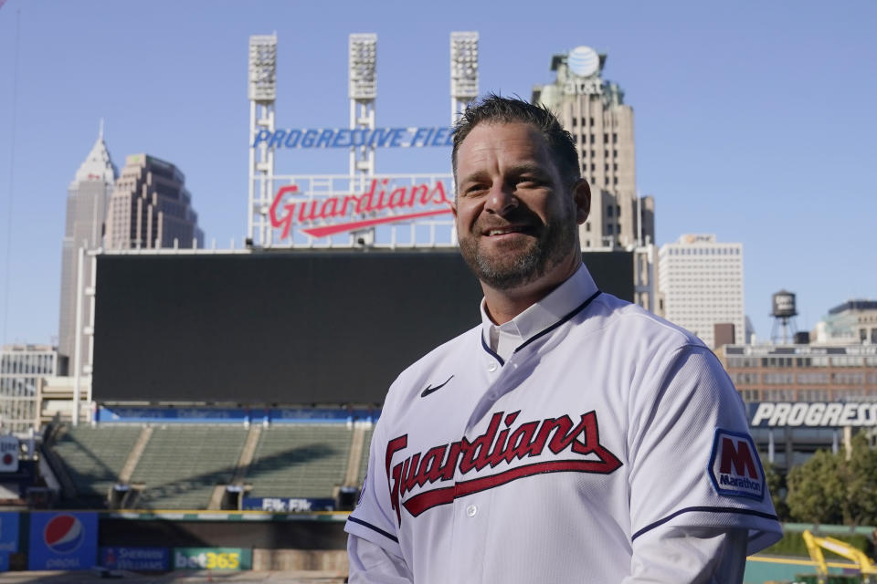 Stephen Vogt poses for a photo at Progressive Field following a news conference introducing him as the manager of the Cleveland Guardians baseball team at a news conference Friday, Nov. 10, 2023, in Cleveland. (AP Photo/Sue Ogrocki)