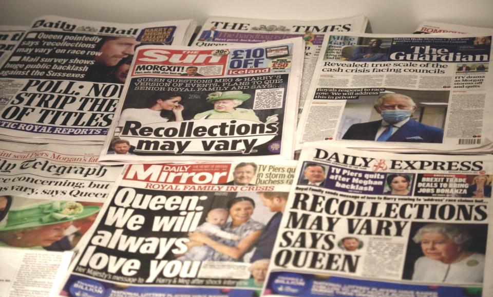 LONDON, UNITED KINGDOM - MARCH 10: An arrangement of UK daily newspapers shows front page headlines reporting Queen Elizabeth's respond over the interview given by the Duchess of Sussex, Meghan Markle and her husband Britain's Prince Harry, Duke of Sussex, to media mogul Oprah Winfrey about their experiences with Buckingham Palace, in London, United Kingdom on March 10, 2021. (Photo by Hasan Esen/Anadolu Agency via Getty Images)