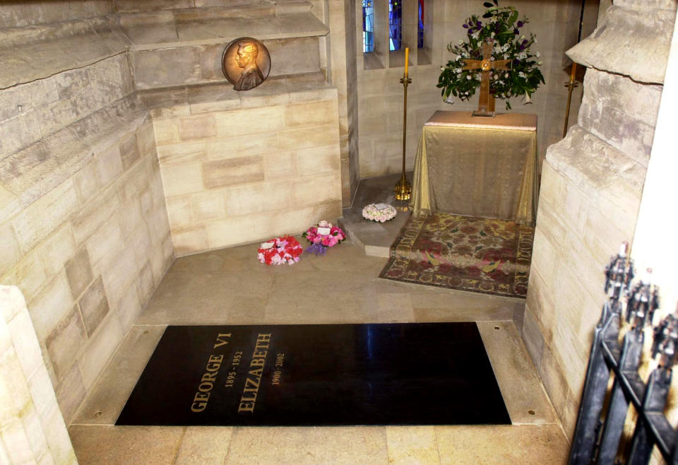 The vault in St George's Chapel, Windsor, where Queen Elizabeth, the
Queen Mother was interred is seen the morning after her funeral in
London's Westminster Abbey, April 10, 2002. She was laid to rest
alongside her husband, King George VI, who died in 1952. The casket
that contains the ashes of her daughter Princess Margaret, who died in
February, will also be placed in the vault. REUTERS/Tim Ockenden/POOL

ASA