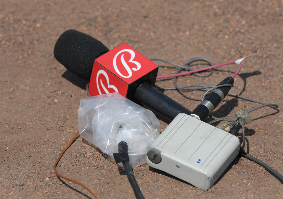 LAKELAND, FL - MARCH 08: A detail view of a Bally Sports microphone laying on the field after being used for an interview prior to the spring training game between the Detroit Tigers and the Washington Nationals at Publix Field from the Joker Marchant Stadium on March 8, 2023 in Lakeland, Florida.  The Tigers beat the Nationals 2-1.  (Photo by Mark Cunningham/MLB Photos via Getty Images)