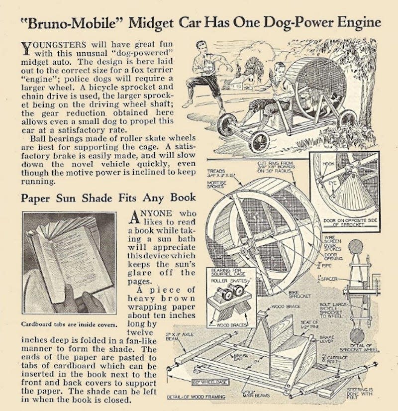 Excerpt from the June 1934 issue of Modern Mechanix magazine featuring a “dog-powered engine”<br> - Image: Internet Archive