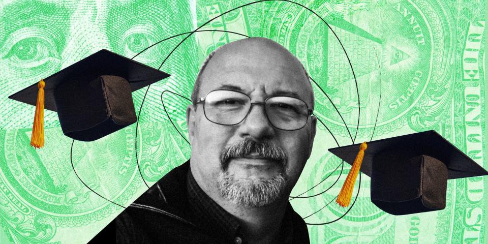 Cutout photo of a man surrounded by black graduation caps, against a green background made up of collaged close-ups of a 100 dollar bill