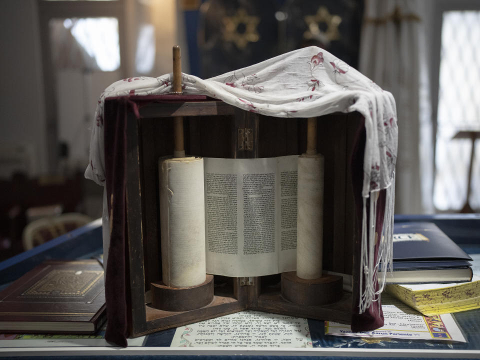 A Torah is pictured at the Ohel Yaacov Synagogue in Marseille, southern France, Sunday, April 21, 2024. (AP Photo/Daniel Cole)