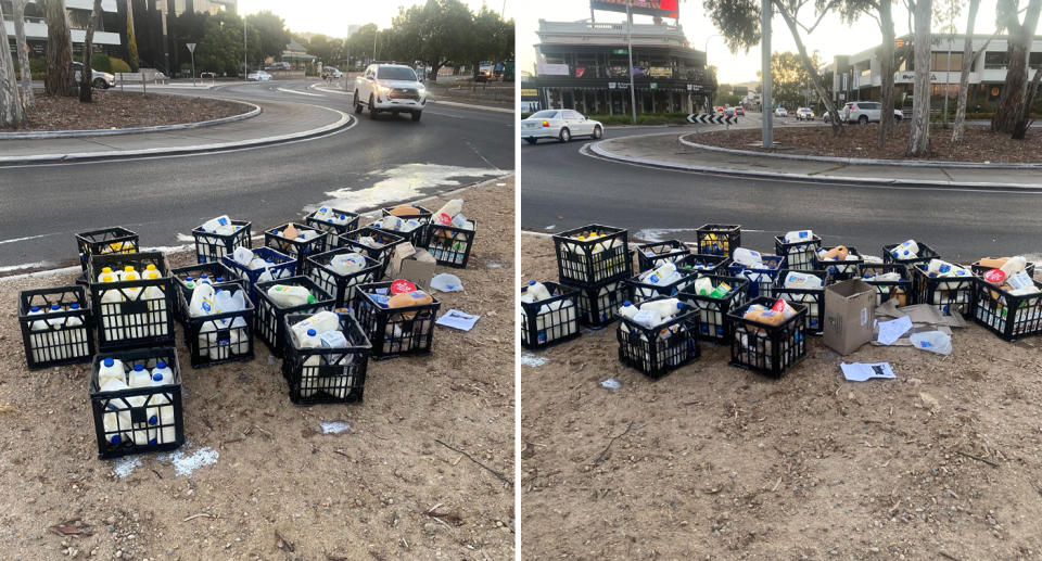 Black crates filled with filled on side of the road at Britannia roundabout in Adelaide