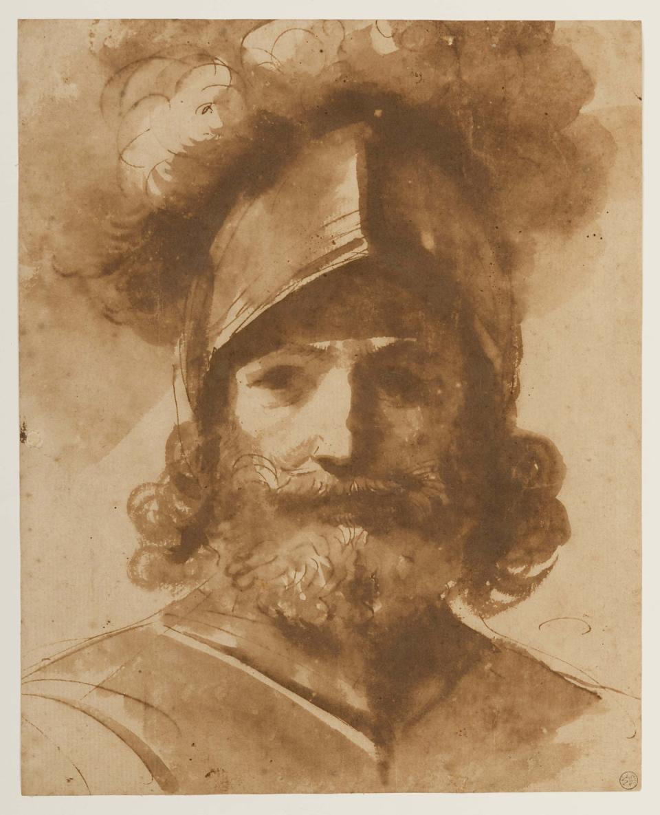 Guercino, The Head of a Bearded Soldier in a Plumed Helmet, c 1620s (Courtesy of the artist and Stephen Ongpin Fine Art)