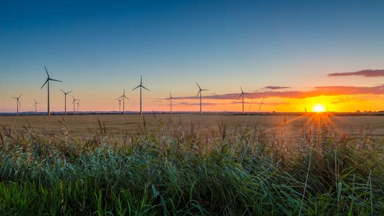 Onshore wind farm at sunset