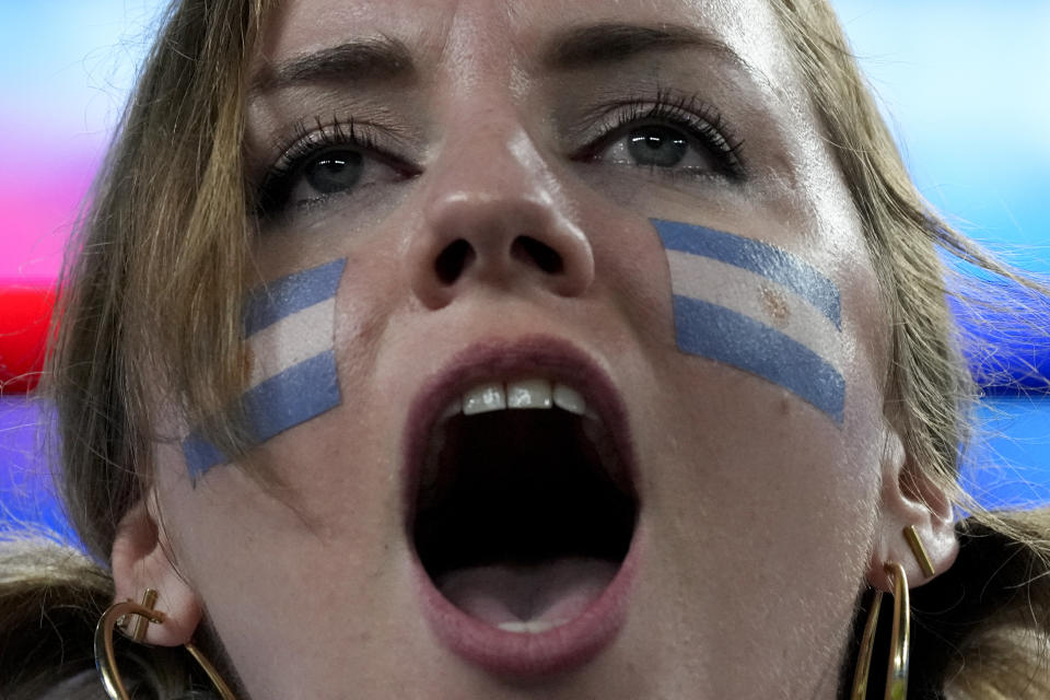 A fan supporting Argentina reacts during a Copa America Group A soccer match against Chile in East Rutherford, N.J., Tuesday, June 25, 2024. (AP Photo/Pamela Smith)