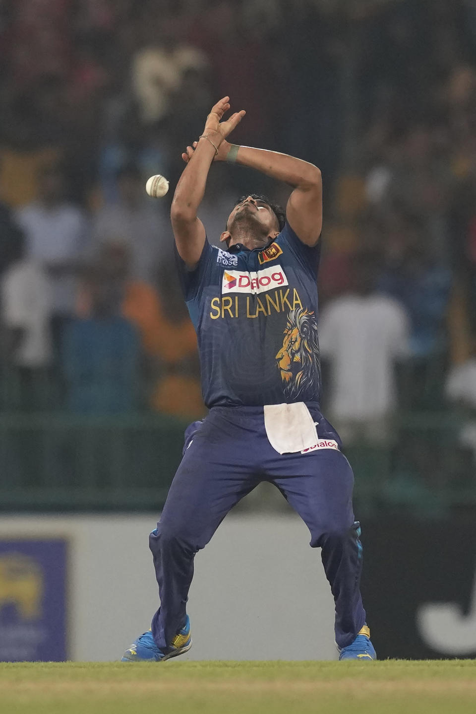 Sri Lanka's Maheesh Theekshana drops a possible catch off a shot played by Zimbabwe's Luke Jongwe during the second Twenty20 cricket match between Sri Lanka and Zimbabwe in Colombo, Sri Lanka, Tuesday, Jan. 16, 2024. (AP Photo/Eranga Jayawardena)