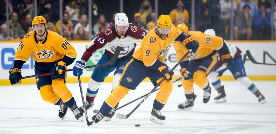 Nashville Predators left wing Filip Forsberg (9) moves down the ice with the puck in Game 4 of a first-round playoff series Monday, May 9, 2022 at Bridgestone Arena in Nashville, Tenn.