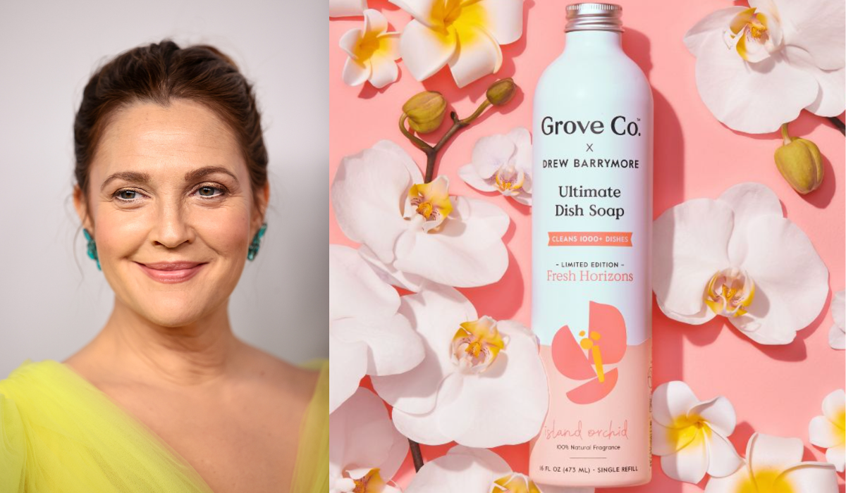 Drew Barrymore and dish soap on floral background