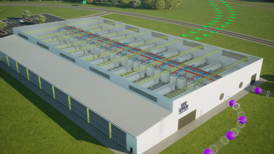 A rendering of the building where electrolysis, the process where hydrogen energy is created by splitting a water molecule into its hydrogen and oxygen parts, will take place.