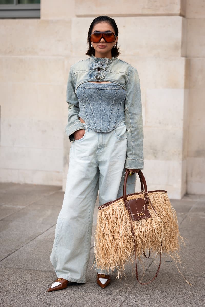 <p> While wide leg jeans tend to lend themselves to more relaxed outfits, they don’t have to. Adding a sharp brogue, like in this style snap here, instantly elevates them into a more dressed up arena. While her matching denim top is a strong look, you could also switch it for a simple white shirt for a more wearable style. </p>